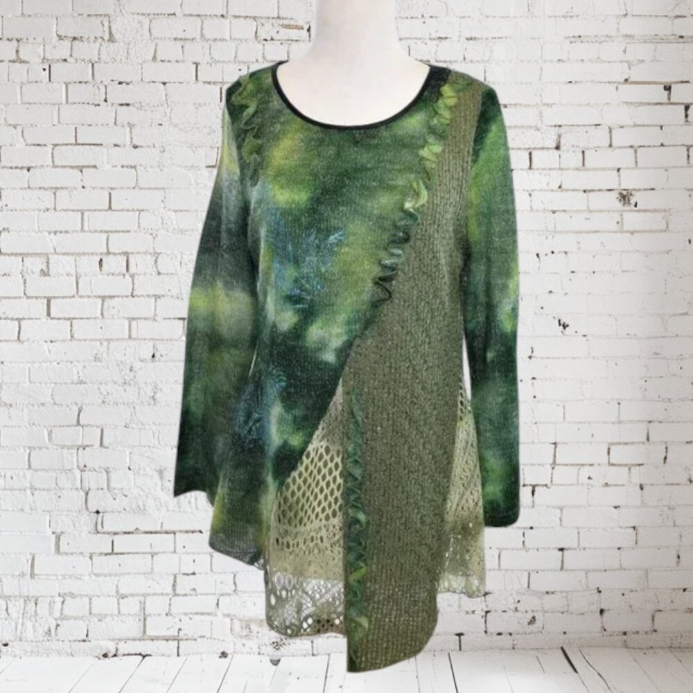Vintage John Fashion Upcycled Boho Tunic Sweater Peacock Feathers